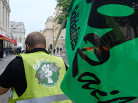 The railway workers of the SUD RAIL union demonstrate from the National Assembly to the Senate for the withdrawal of the rail pact, on 11 Ju...