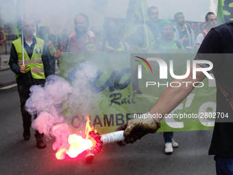 The railway workers of the SUD RAIL union demonstrate from the National Assembly to the Senate for the withdrawal of the rail pact, on 11 Ju...