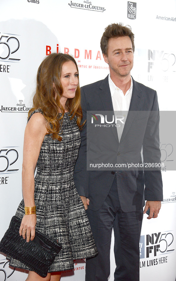 Edward Norton and wife Shauna Robertson attend "Birdman or The Unexpected Virtue of Ignorance" screening at The 52nd New York Film Festival...