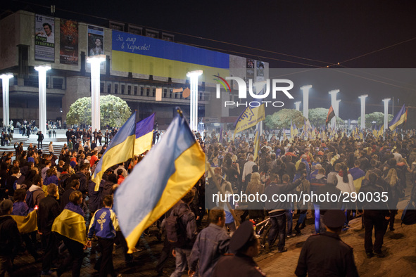 Procession of the pro-Ukrainian activists in support of the recognition of the soldiers of the Ukrainian Insurgent Army. Ukraine, Kharkiv. O...