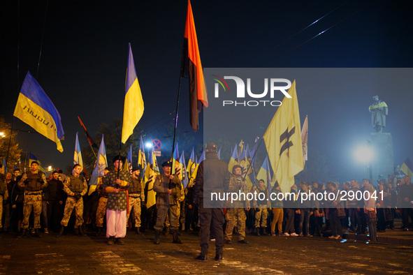 Procession of the pro-Ukrainian activists in support of the recognition of the soldiers of the Ukrainian Insurgent Army. Ukraine, Kharkiv. O...