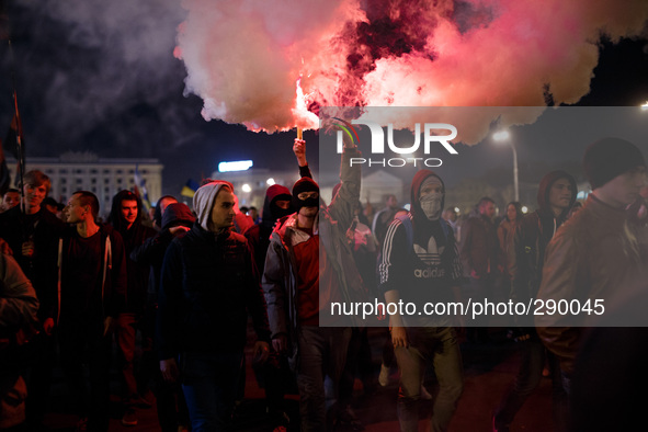 Procession of the pro-Ukrainian activists in support of the recognition of the soldiers of the Ukrainian Insurgent Army. Ukraine, Kharkiv. O...