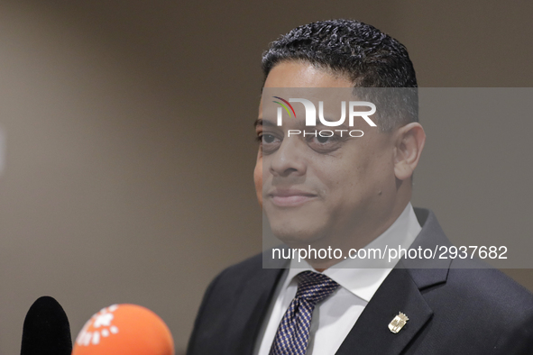 United Nations, New York, USA, July 11, 2018 - Press Encounter with Prime Minister of Curacao Eugene Rhuggenaath before the Security Council...