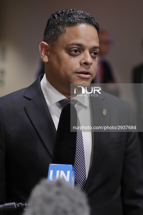 United Nations, New York, USA, July 11, 2018 - Press Encounter with Prime Minister of Curacao Eugene Rhuggenaath before the Security Council...