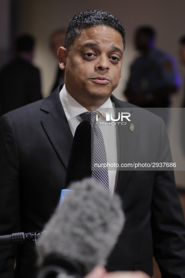 United Nations, New York, USA, July 11, 2018 - Press Encounter with Prime Minister of Curacao Eugene Rhuggenaath before the Security Council...