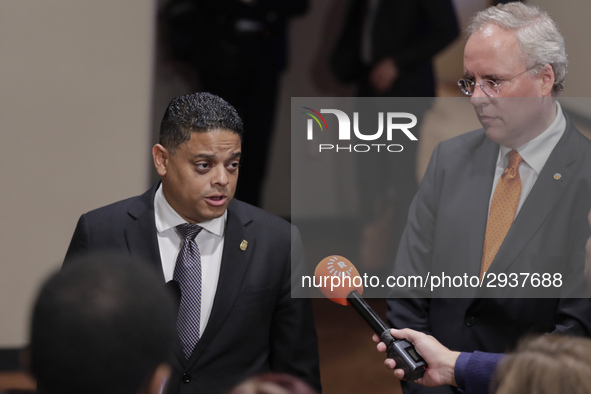 United Nations, New York, USA, July 11, 2018 - Press Encounter with Prime Minister of Curacao Eugene Rhuggenaath before the Security Council...