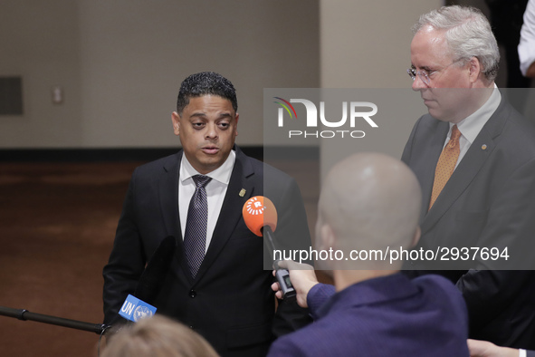 United Nations, New York, USA, July 11, 2018 - Press Encounter with Prime Minister of Curacao Eugene Rhuggenaath before the Security Council...