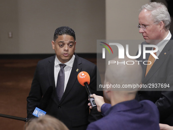 United Nations, New York, USA, July 11, 2018 - Press Encounter with Prime Minister of Curacao Eugene Rhuggenaath before the Security Council...