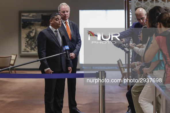 United Nations, New York, USA, July 11, 2018 - Press Encounter with Prime Minister of Curacao Eugene Rhuggenaath before the Security Council...