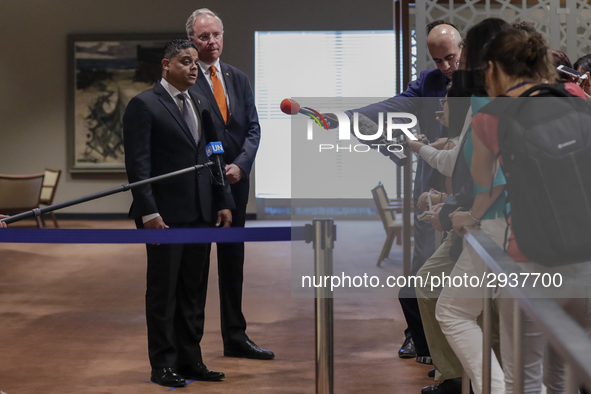 United Nations, New York, USA, July 11, 2018 - Press Encounter with Prime Minister of Curacao Eugene Rhuggenaath before the Security Council...