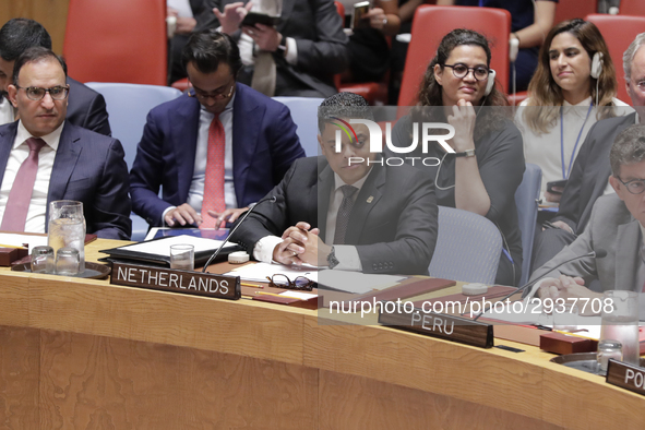 United Nations, New York, USA, July 11, 2018 -  Prime Minister of Curacao Eugene Rhuggenaath during the Security Council Meeting on Understa...