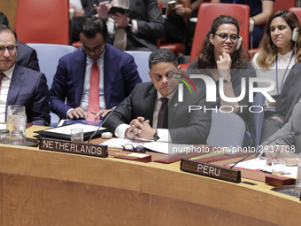 United Nations, New York, USA, July 11, 2018 -  Prime Minister of Curacao Eugene Rhuggenaath during the Security Council Meeting on Understa...