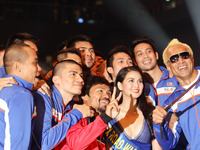 Bocaue, Bulacan Philippines - Manny Pacquiao has a selfie with NLEX basketball players and their muse on the 40th season opening of the Phil...