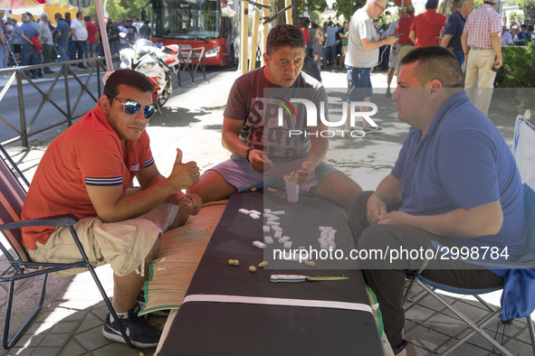 taxis block an avenue amid a strike by cabbies in Madrid on July 31, 2018. - Taxi drivers across Spain kept striking against ride-hailing co...