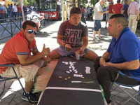 taxis block an avenue amid a strike by cabbies in Madrid on July 31, 2018. - Taxi drivers across Spain kept striking against ride-hailing co...