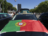 taxis block an avenue amid a strike by cabbies in Madrid on July 31, 2018. - Taxi drivers across Spain kept striking against ride-hailing co...