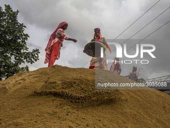 Women during the Day labors are working in a domestic port in Dhaka, Bangladesh, on 14 August 2018. (