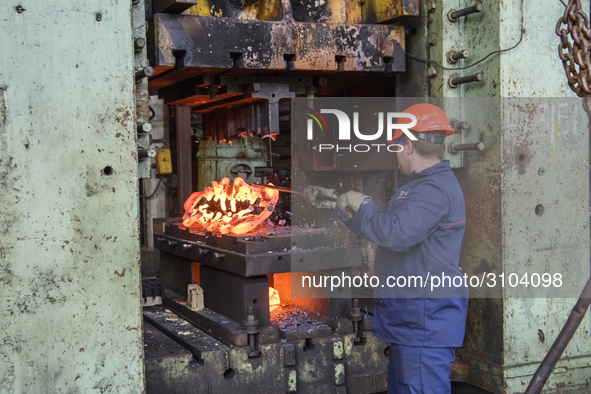 People at work in a forging and mechanical plant in Lozova, Ukraine, on August 31, 2018 