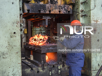 People at work in a forging and mechanical plant in Lozova, Ukraine, on August 31, 2018 (