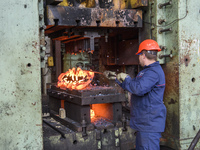 People at work in a forging and mechanical plant in Lozova, Ukraine, on August 31, 2018 (