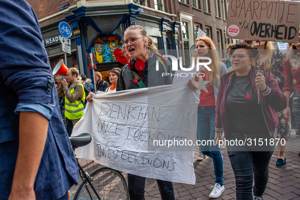 Hundreds of students gathered on 14 September 2018 at the Dam square in Amsterdam, Netherlands to protest against the increase of the intere...