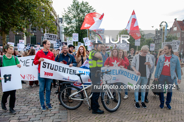 Hundreds of students gathered on 14 September 2018 at the Dam square in Amsterdam, Netherlands to protest against the increase of the intere...