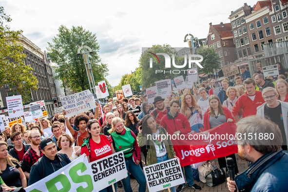 Hundreds of students gathered on 14 September 2018 at the Dam square in Amsterdam, Netherlands to protest against the increase of the intere...