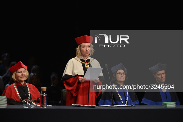 Dorota Segda, a Polish stage, film and television actress, and also the rector of the school, welcomes new students, during the 73rd inaugur...