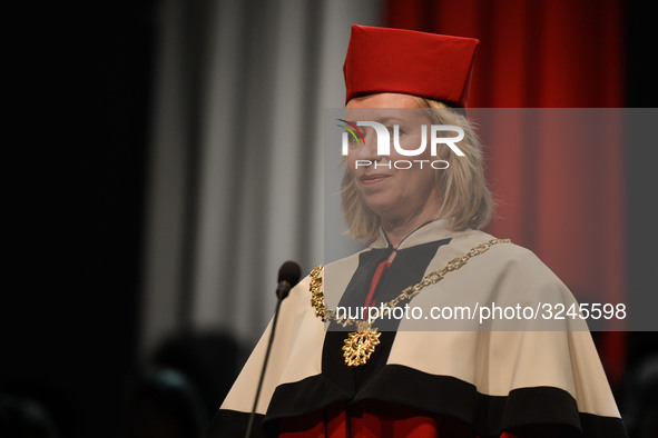 Dorota Segda, a Polish stage, film and television actress, and also the rector of the school, welcomes new students, during the 73rd inaugur...