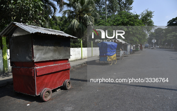 A view of closed street stall and empty road in Panbazar during 12-hour Assam Bandh, in Guwahati, Assam, India on Tuesday, October 23, 2018....