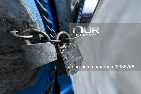 Locked shop in Panbazar during 12-hour Assam Bandh, in Guwahati, Assam, India on Tuesday, October 23, 2018. 46 organizations have called the...