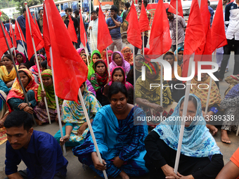 Bangladeshi garments workers held a protest rally demanding to withdrawal false cases of Ashuli's Naz Knit Wear limited workers at in front...