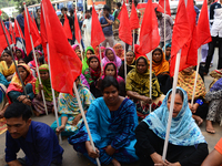 Bangladeshi garments workers held a protest rally demanding to withdrawal false cases of Ashuli's Naz Knit Wear limited workers at in front...