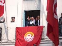 Unionists and workers rallied outside the headquarter of the Tunisian General Labour Union (UGTT), on November 17, 2018 in Tunis, where the...