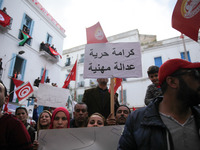 Unionists and workers rallied outside the headquarter of the Tunisian General Labour Union (UGTT), on November 17, 2018 in Tunis, where the...