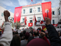 Unionists and workers rallied outside the headquarter of the Tunisian General Labour Union (UGTT), on November 17, 2018 in Tunis, where the...