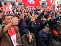 Unionists and workers rallied outside the headquarter of the Tunisian General Labour Union (UGTT), on November 17, 2018 in Tunis, where the...