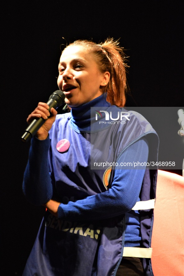 Flormar's laid-off worker Ayse Ozturk speaks during a solidarity event in support of Flormar's workers in Ankara, Turkey on November 23, 201...