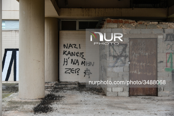 Antifascistic graffiti at the campus of Psachna University of applied science on Euboea, Greece, on 28 November 2018. 