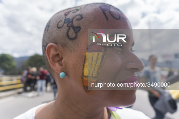 A woman with drawings alluding to education participates in the march of students for public education in Bogota, Colombia, on 28 November 2...