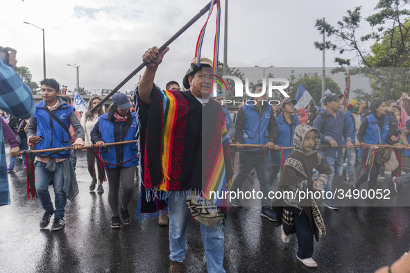 Indigenous Community participates in the march of students for public education in Bogota, Colombia, on 28 November 2018.. 