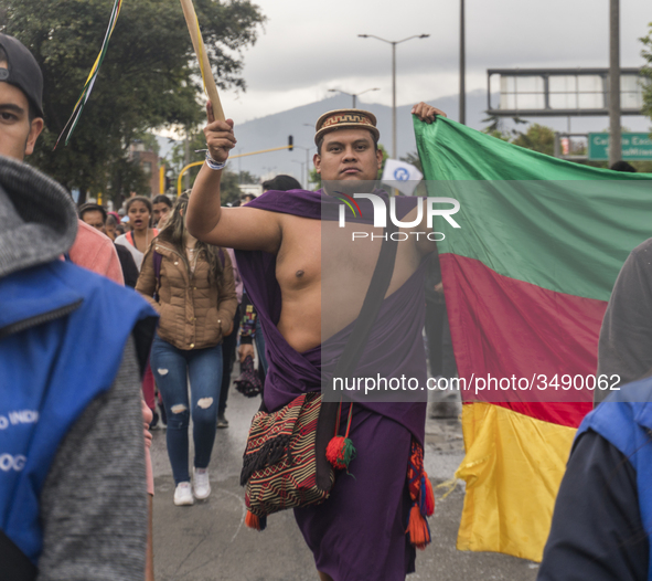 Indigenous Community participates in the march of students for public education in Bogota, Colombia, on 28 November 2018.. 