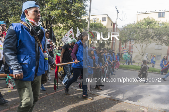 Indigenous Community participates in the march of students for public education in Bogota, Colombia, on 28 November 2018.. 