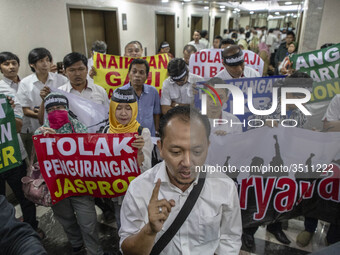 Jakarta, Indonesia, 04 December 2018 : GOFUR the coordinator of the demonstration from ANTARA Labour Organization giving press conference du...