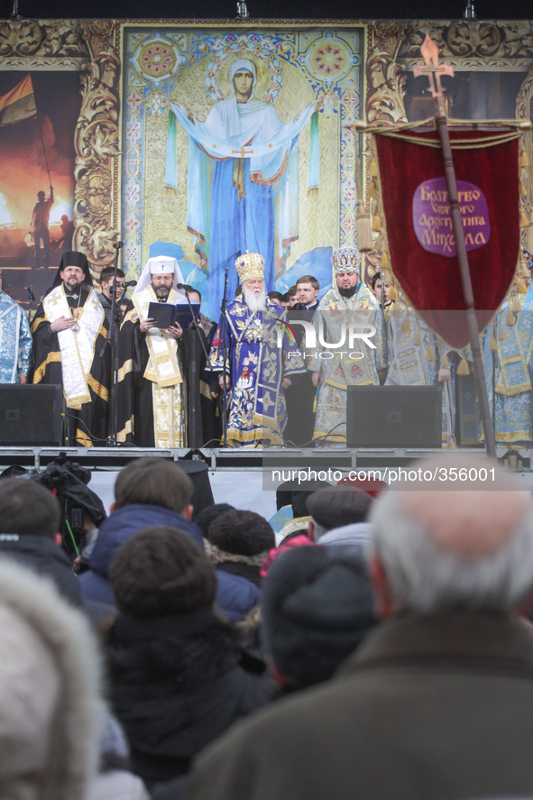 KIEV, UKRAINE - NOVEMBER 30: The Head of the Ukrainian Orthodox Church of Kyiv Patriarchate  Filaret(2nd from R) and Head of the Ukrainian G...