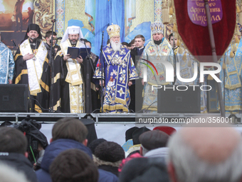 KIEV, UKRAINE - NOVEMBER 30: The Head of the Ukrainian Orthodox Church of Kyiv Patriarchate  Filaret(2nd from R) and Head of the Ukrainian G...