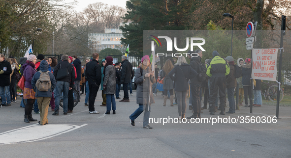 A hundred high school teachers demonstrated at the call of the unions before the Rectorate of Nantes, France, on December 14, 2018, against...