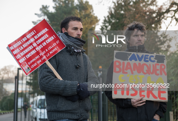 A hundred high school teachers demonstrated at the call of the unions before the Rectorate of Nantes, France, on December 14, 2018, against...