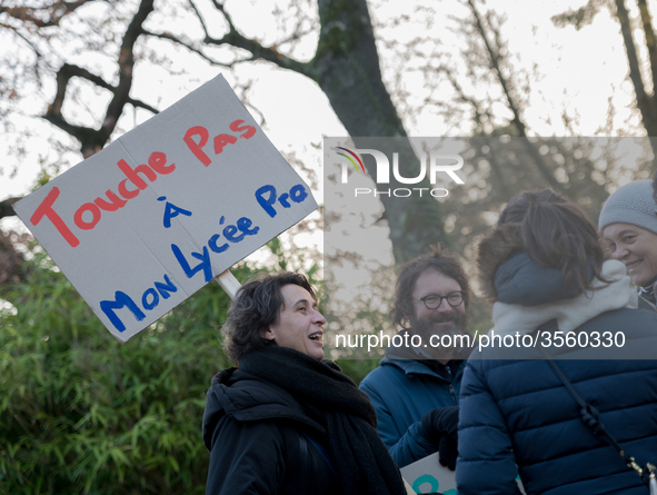 A hundred high school teachers demonstrated at the call of the unions before the Rectorate of Nantes, France, on December 14, 2018, against...