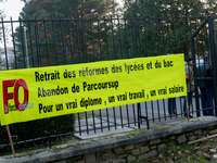 A hundred high school teachers demonstrated at the call of the unions before the Rectorate of Nantes, France, on December 14, 2018, against...